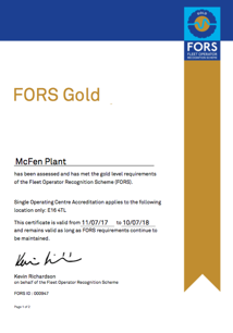 McFen Plant is proud to be the first plant hire company to achieve the prestigious FORS Gold accreditation. 